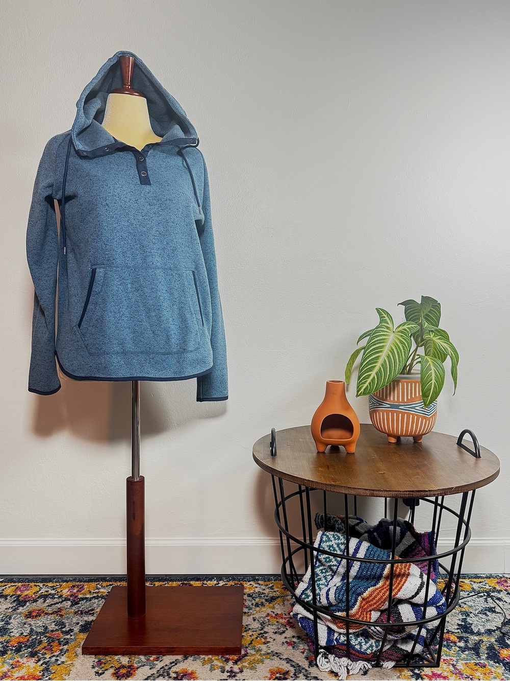 Ascend Heathered Blue Hooded Henley Pullover with Kangaroo Pocket